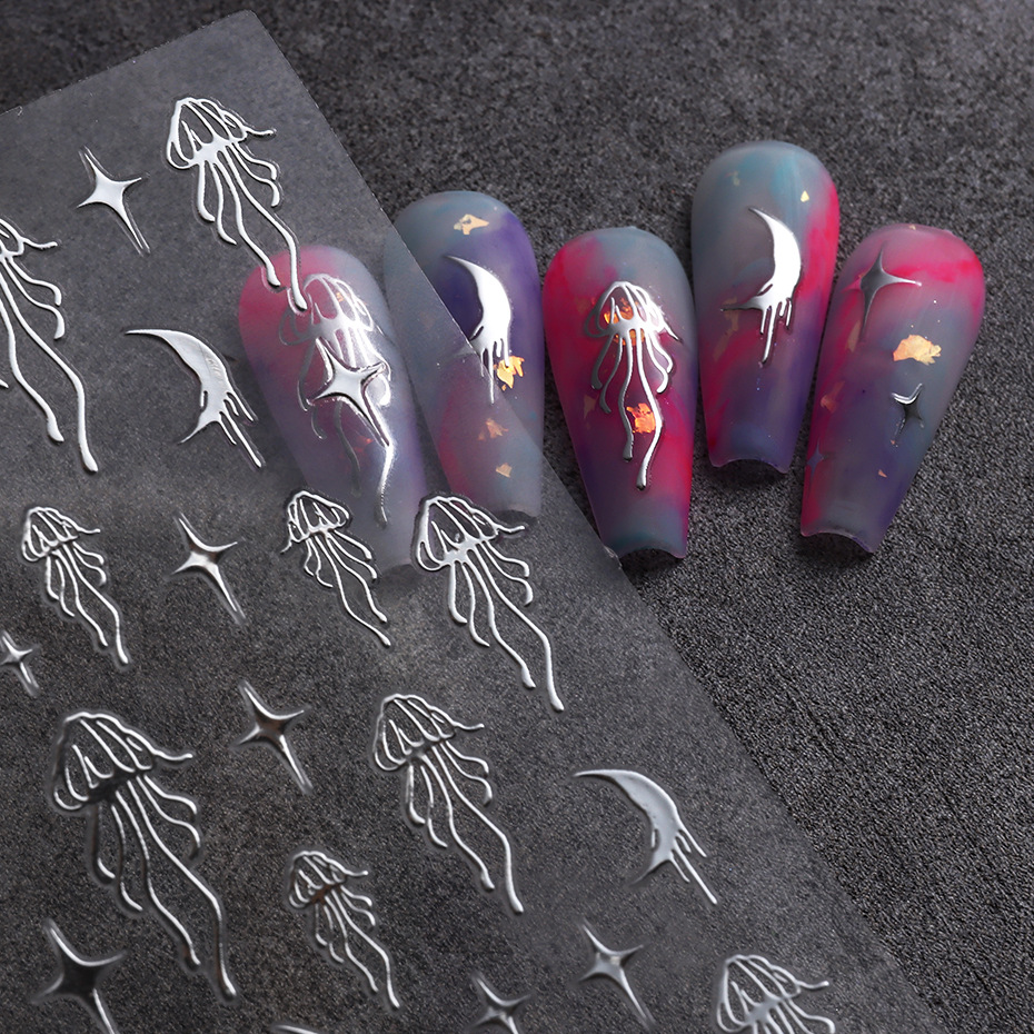 Advanced Hot Silver Nail Stickers Star Moon Jellyfish Elegan