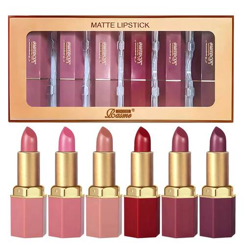 6 Colors Gold Bar Tube Lipstick Matte Texture Pearlescent Gl