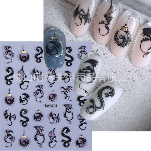 Halloween Nail Sticker Shiny Silver Black Dragon Dragon Tami