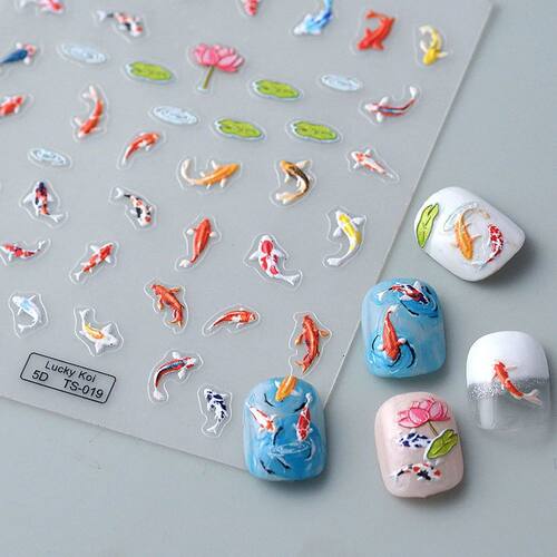5D Koi Carp Nail Sticker Green Lotus Kawaii Red Carp Nail Sl