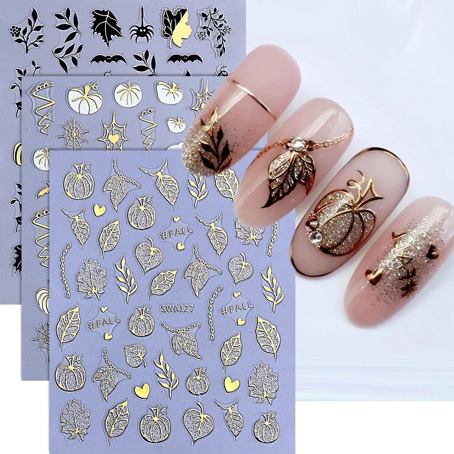 3pcs Autumn Nail Art Stickers Decal Golden Pumpkin Ghost Spi