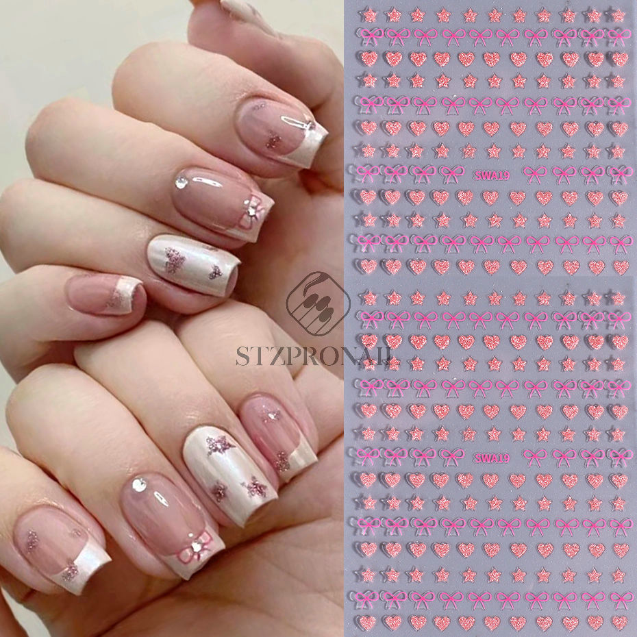 Broken Diamond Glitter Nail Sticker Pink Bow Love Five-point