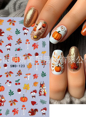 Embossed Autumn Nail Sticker Autumn Sun Deciduous Mushroom S