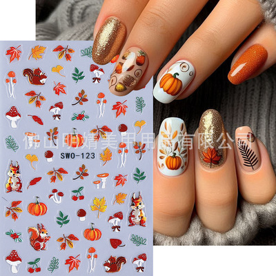 Embossed Autumn Nail Sticker Autumn Sun Deciduous Mushroom S