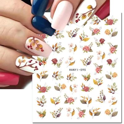 3d Nail Art Stickers Winter Autumn Golden Leaves Red Roses F