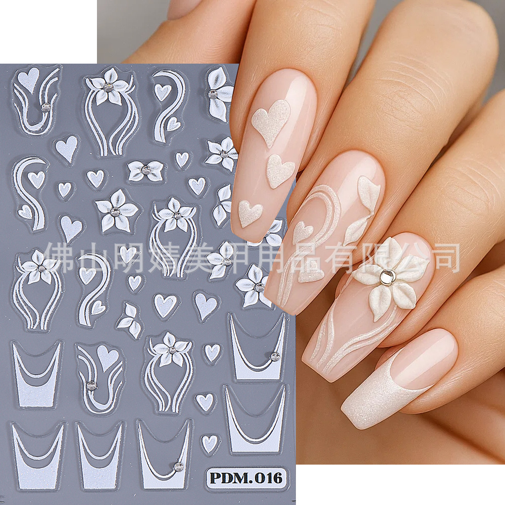 Embossed Flower Series Nail Sticker With Diamond Pearl Glitt