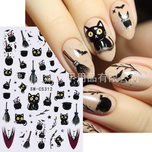 Halloween Nail Stickers Black Cat Broom Magic Bat Glue Nail