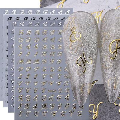 4pcs Roman Letter Nail Stickers Golden Silver Black White Al