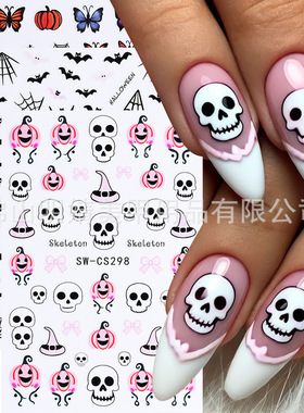 Halloween Nail Sticker Pink Pumpkin Bat Skull Ghost Nail Sti