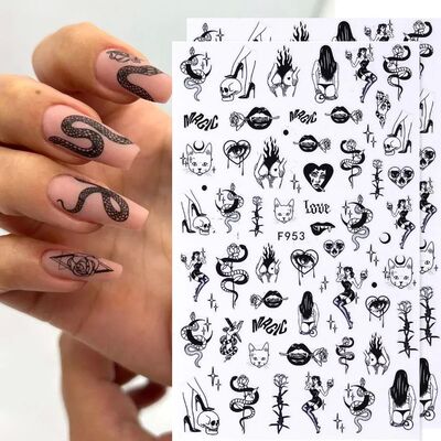 2/6pcs 3D Snake Design Nail Stickers Evil Eye Tiny Skull Gho