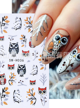 Autumn Nail Stickers Glitter Deciduous Owl Colored Glass Owl