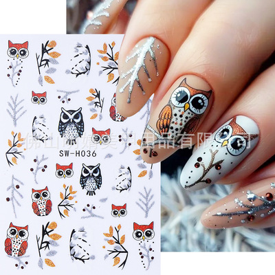 Autumn Nail Stickers Glitter Deciduous Owl Colored Glass Owl