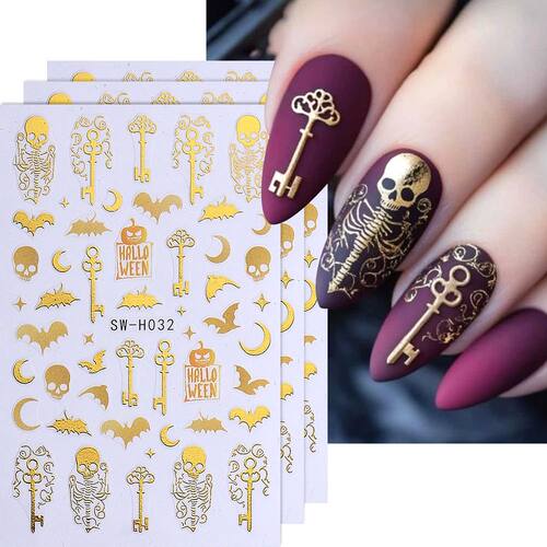 3pcs Halloween Nail Stickers Golden Skeleton Pumpkin Bat Key