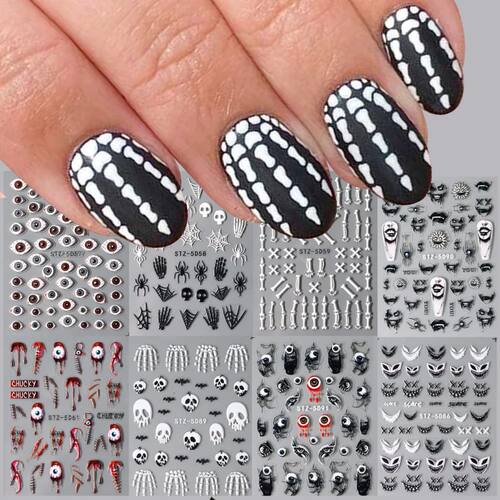3pcs 5D Halloween Skeleton Stickers for Nails Cute Skull Bon
