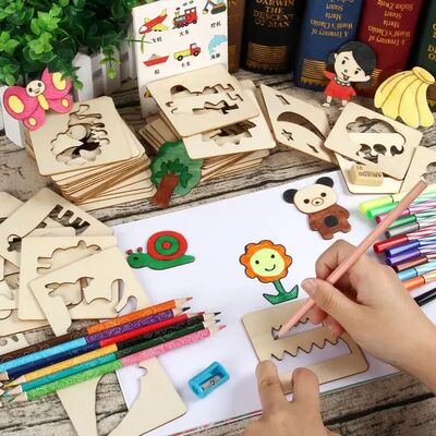 20pcs Montessori Kids Drawing Toys Wooden DIY Painting Templ