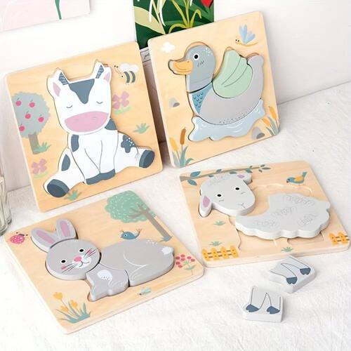 3D Wooden Cartoon Animals Cognitive Puzzles For Kids Childre