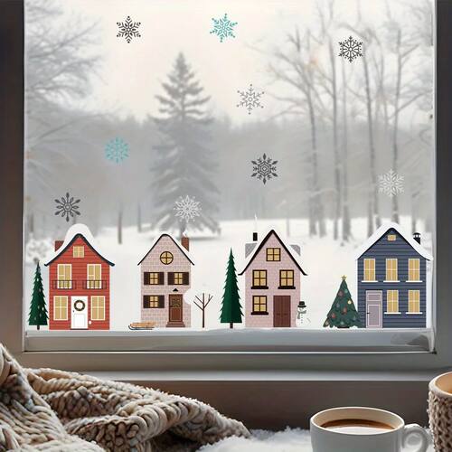 Snow House Window Clings Christmas Village Stickers Glass De