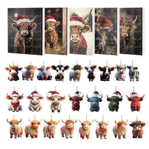 Christmas Advent Calendar 24Pc Highland Cow Ornaments 2D Acr