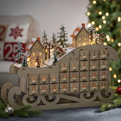 Wooden Christmas Advent Calendar Sleigh Shape With House Dec