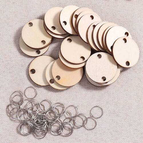 50Pcs Round Wooden Slices With Iron Loops Diy Family Tags Bi