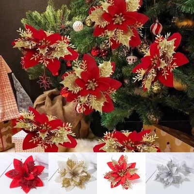 5/10/20PCS Artificial Christmas Glitter Flower Tree Decor Xm