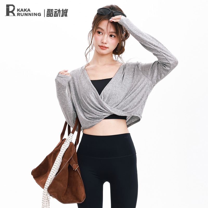 奔跑吧卡卡长袖上衣运动瑜伽服宽松交叉套头罩衫健身跑步秋冬T恤