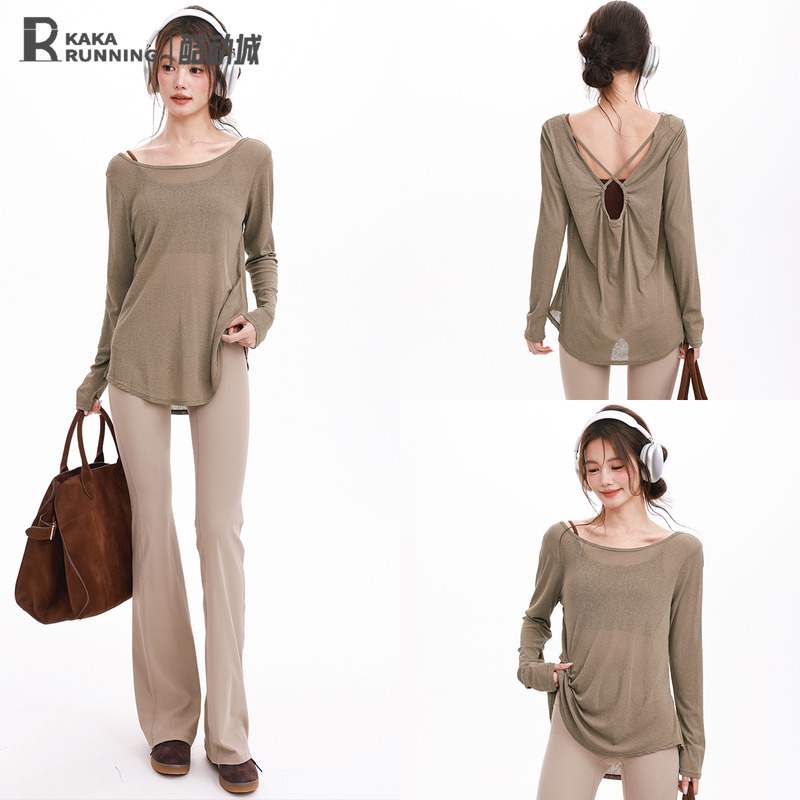 奔跑吧卡卡后背镂空薄款设计感交叉T恤长袖上衣女宽松慵懒瑜伽服