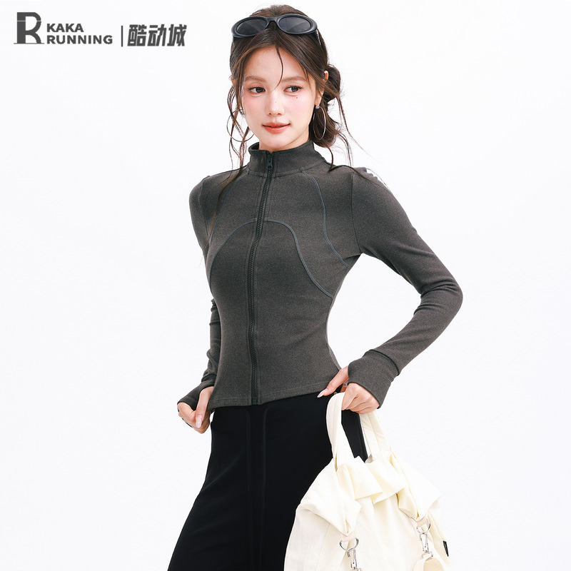 奔跑吧卡卡德绒立领拉链运动健身外套女瑜伽服保暖修身秋冬长袖女
