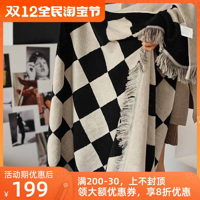北欧风全棉针织毯子时尚棋盘格流苏单F人沙发盖毯午睡办公室空调