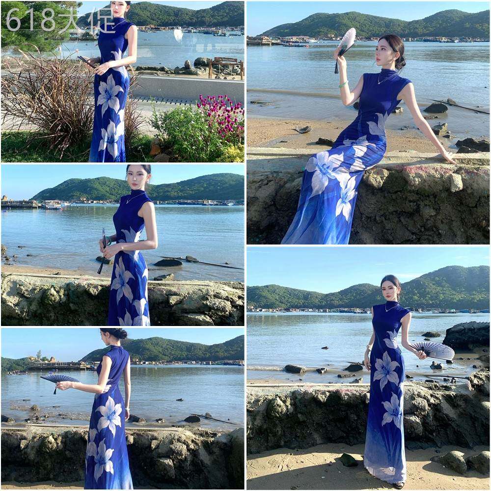 海岛绝美沙滩长裙到脚踝超长款修身印花海边度假连衣裙气质高级感