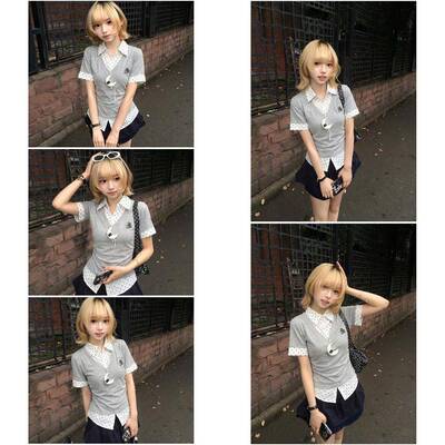 学院风波点假两件polo领短袖t恤女夏季修身收腰设计感小众上衣潮