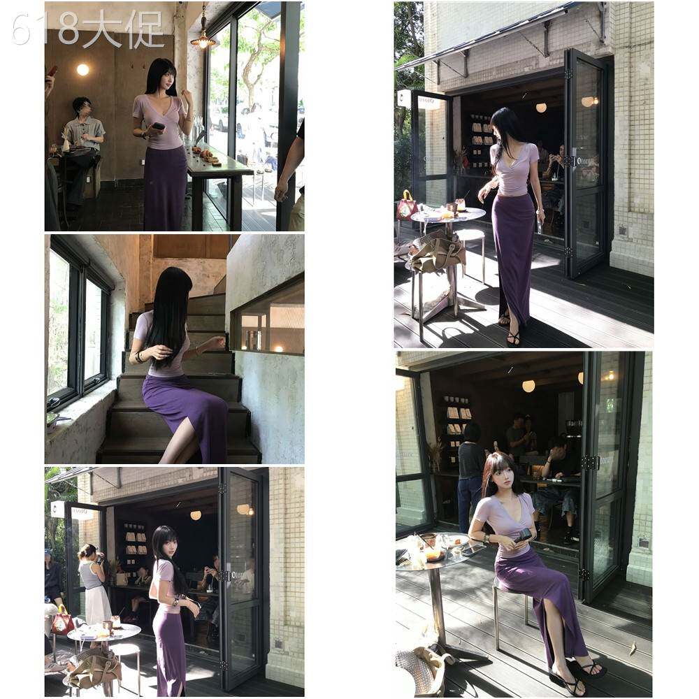 【下周六】气质小个子裙子高腰侧开叉半身裙紫色包臀修身长裙女夏