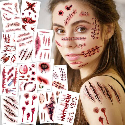 32Pcs Halloween 3D Fake Scar Temporary Tattoos - Bloody Woun