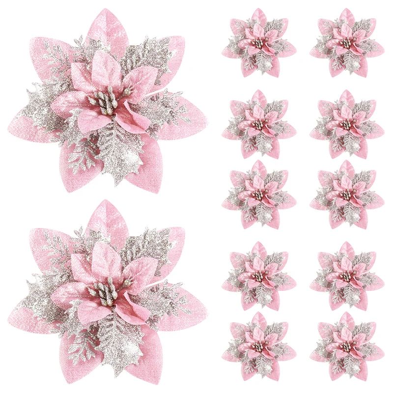 5/10Pcs Glitter Pink Christmas Flowers Xmas Tree 14cm Artifi