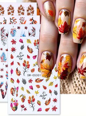 4pcs Autumn Gold Maple Leaves Feather Nail Art Sticker Fall
