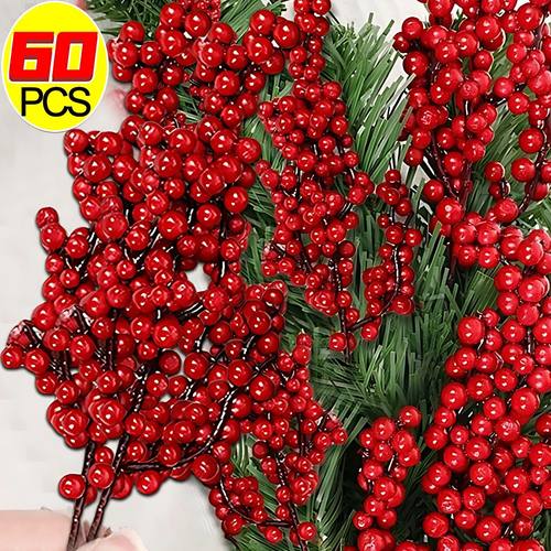 60/1pcs Christmas Red Berries Branches Artificial Holly Berr