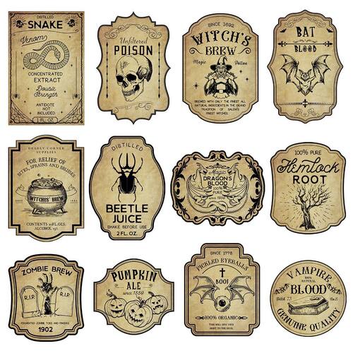 12/24pcs Horror Retro Halloween party Wine Bottle Labels Sti