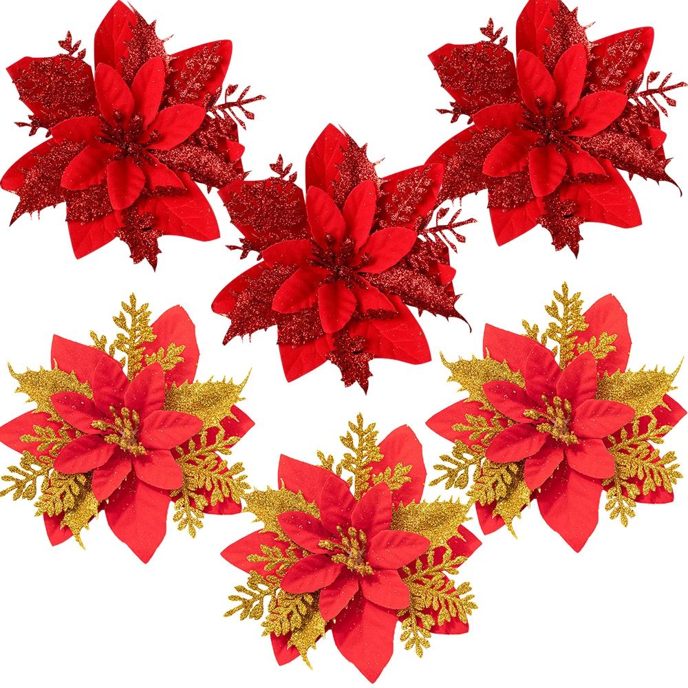 3PCS Christmas Flowers Red Gold Bling Flower Heads For Noel