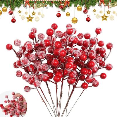 20PCS Artificial Fruit Snow Frosted Red Berry Stems Christma