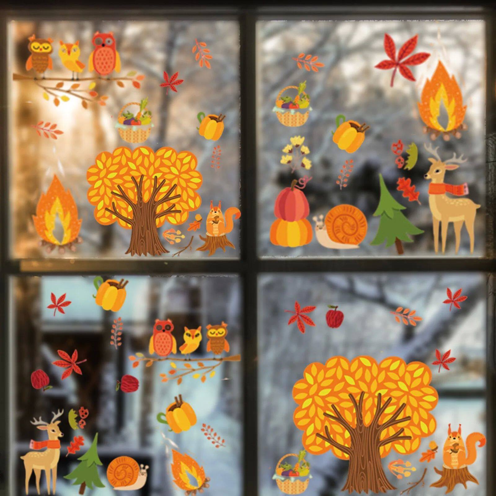 Thanksgiving Window Clings Maple Pumpkin Squirrel Stickers T