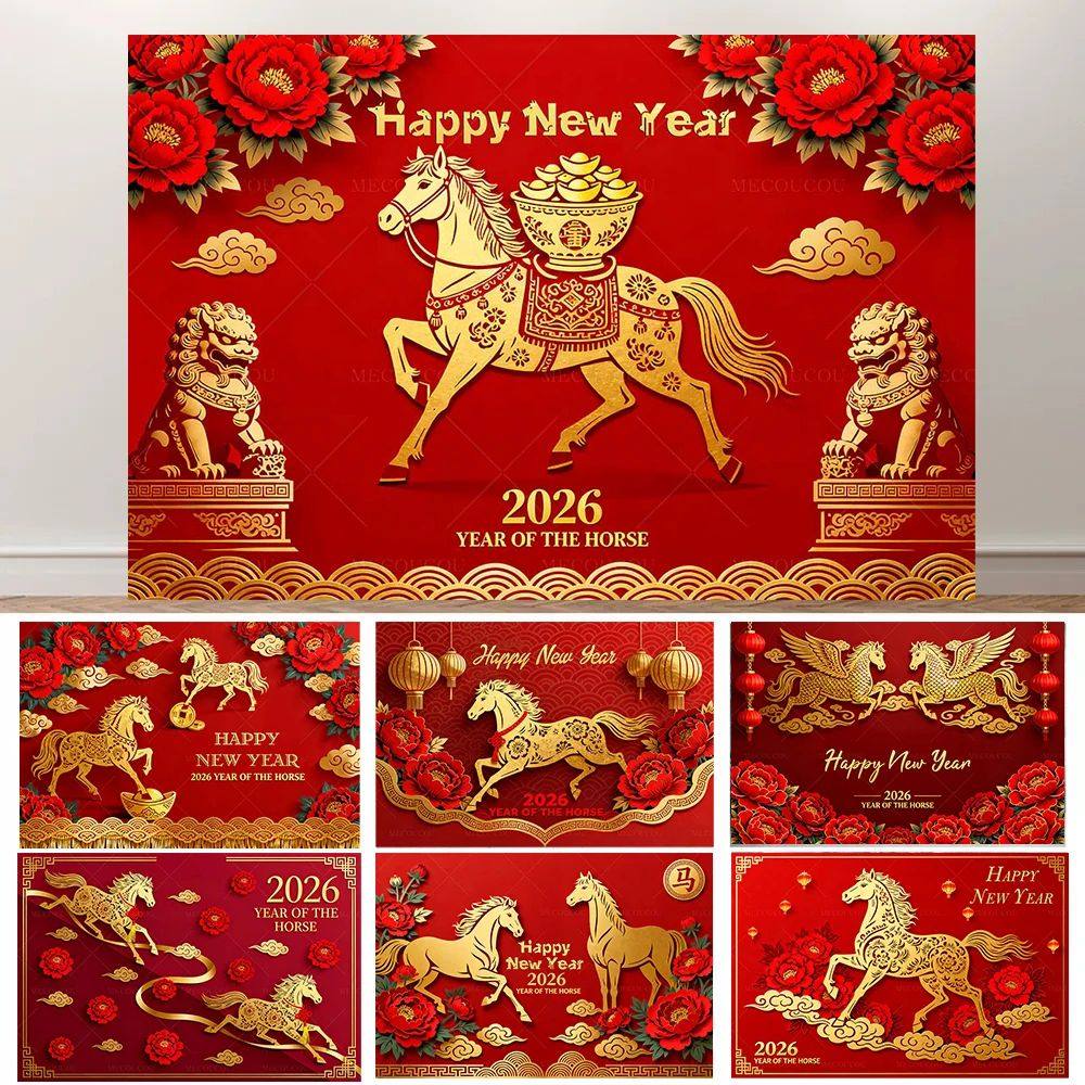 Happy New Year Backdrop Year of the Horse Theme Red Flowers
