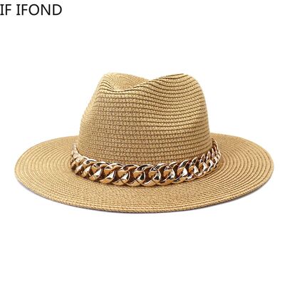 Fashion Gold Chain Belt Panama Straw Hats For Women Summer B
