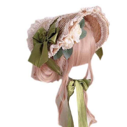 Pastoral Style Flat Top Hat Lace Flower Ribbon Straw Hat Lol
