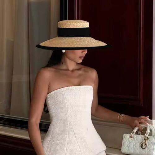 Summer straw hat black edging French elegant ladies seaside