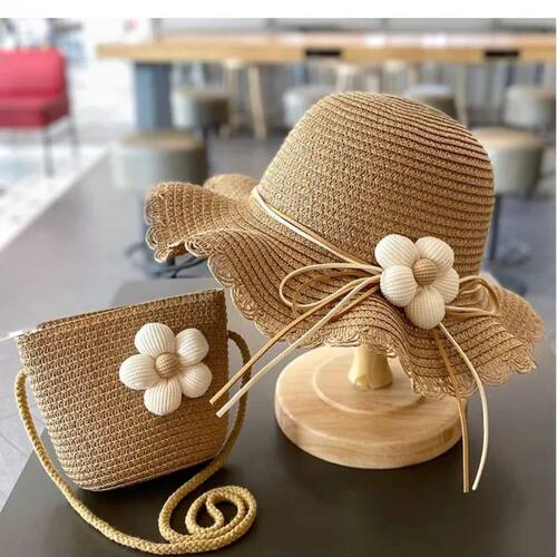 Summer Baby Flower Straw Hat With Handbag Bags 2pcs Set For