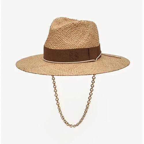 Chain Strap Straw Fedora Hat Embellished Beach Hats with Cha