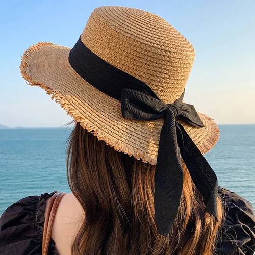 Summer Women Straw Hat Ribbon Bow Wide Brim Panama Sun Hat L