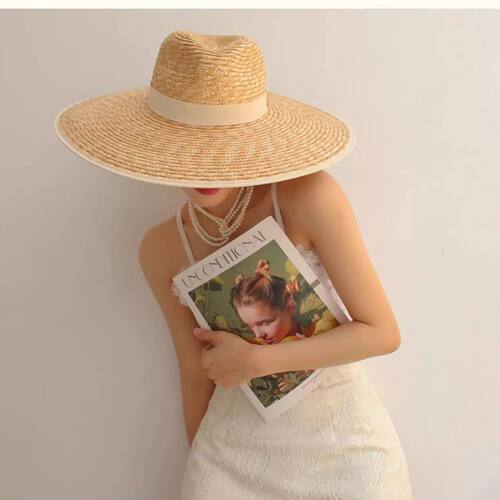 Summer straw hat with wide brim straw hat with straw bow edg