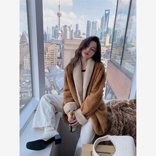 大衣女年轻挽袖 款 青果领仿水貂外套冬 2024加厚西装 环保皮草新款