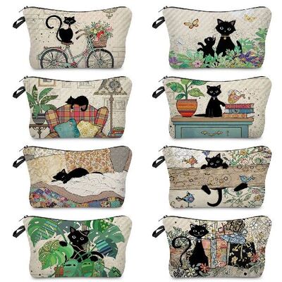 Black Cat Print Heat Transfer Makeup Bag Casusl Travel Small